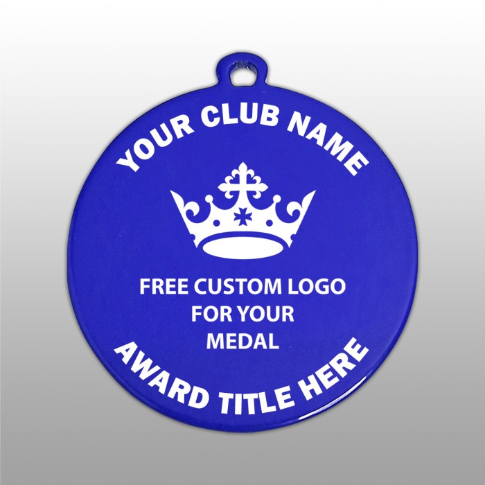 PACK OF 100 BULK BUY 50MM BLUE MEDALS / LOGO & RIBBON WITH DIRECT PRINT LOGO **AMAZING VALUE**
